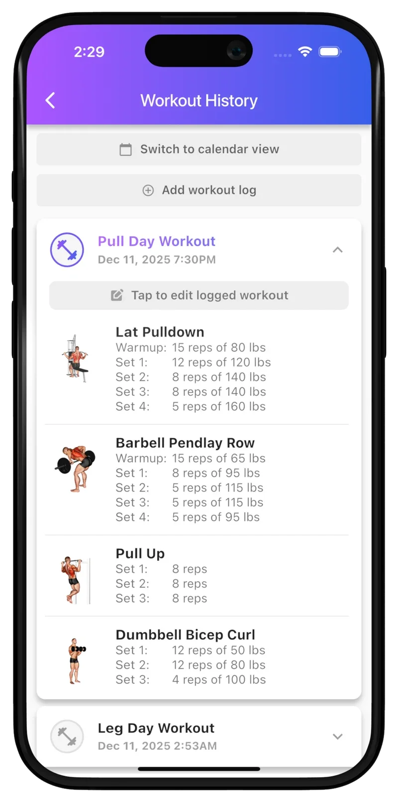 Bench list view with an expanded Pull Day workout and another saved session below