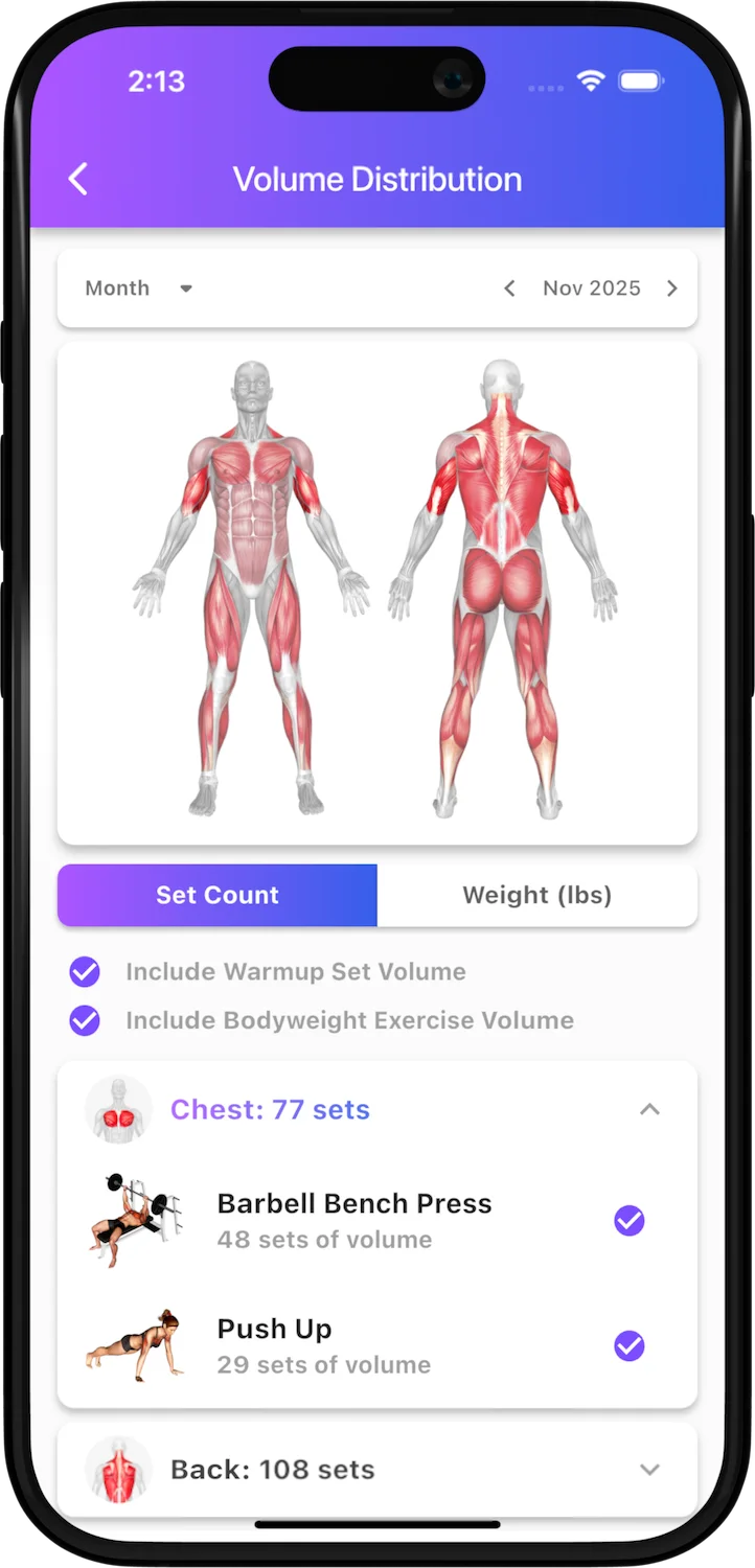 Bench mobile analytics showing volume distribution across muscle groups