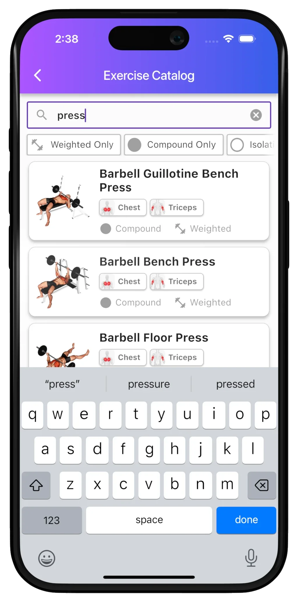 Searching the Bench exercise catalog for bench press variations