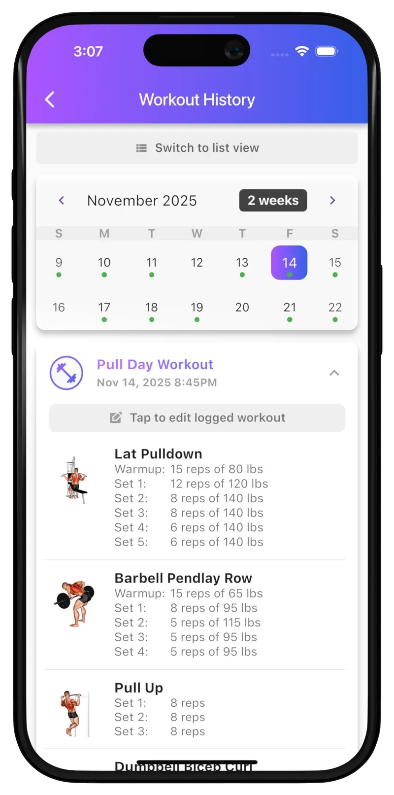 Bench calendar history with a selected November date and its Pull Day workout