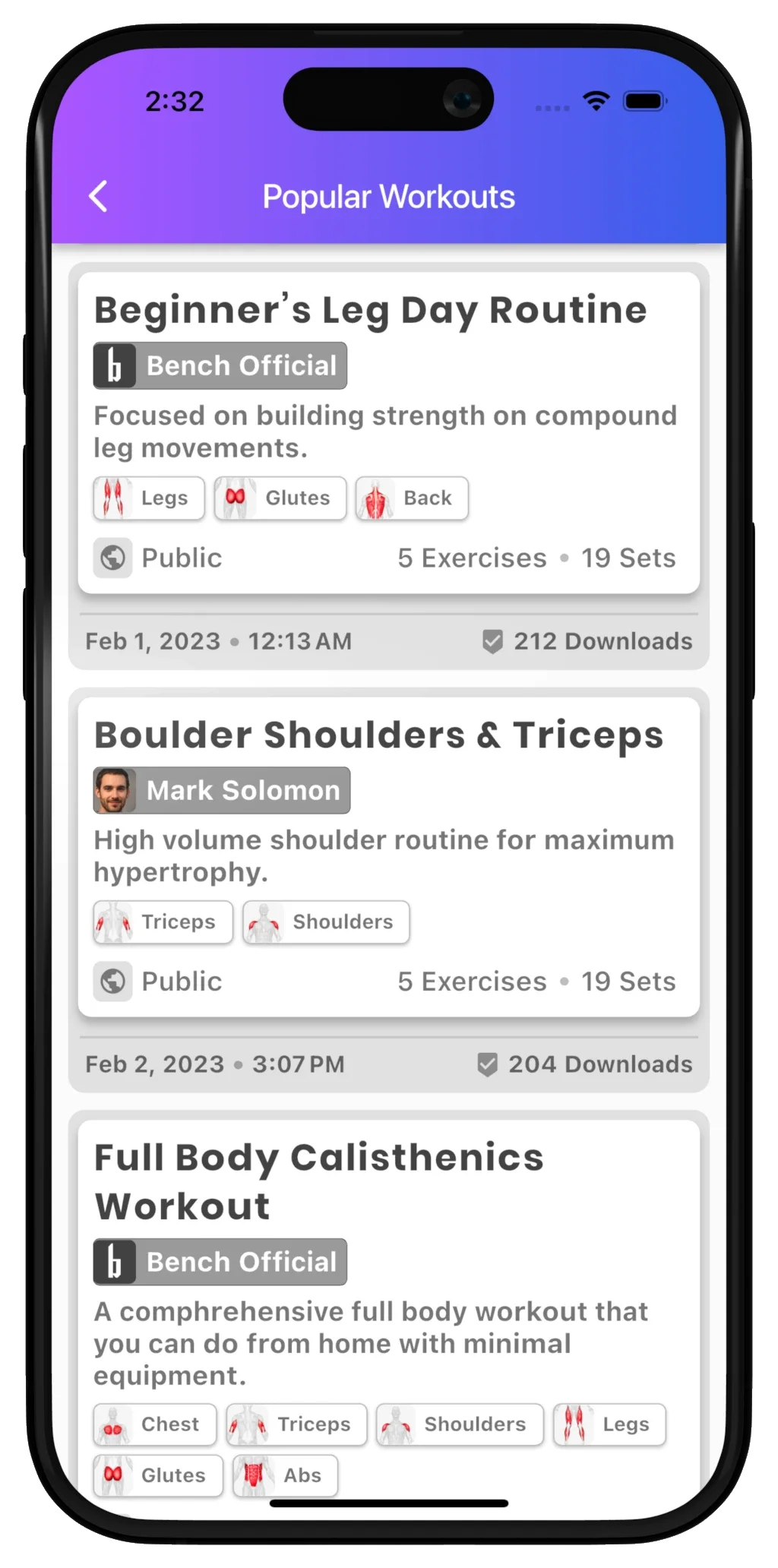 Bench public workout library with routines to explore