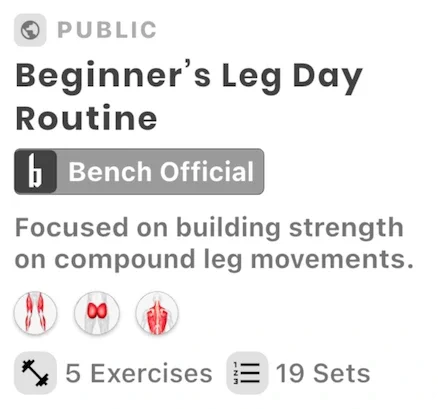Public Beginner’s Leg Day Routine card shared in chat, containing five exercises and nineteen sets