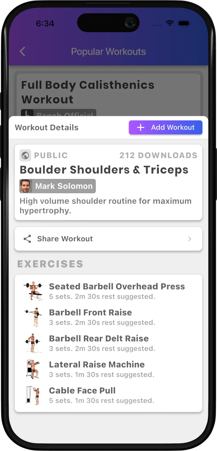 Bench mobile app showing a community workout and its exercises