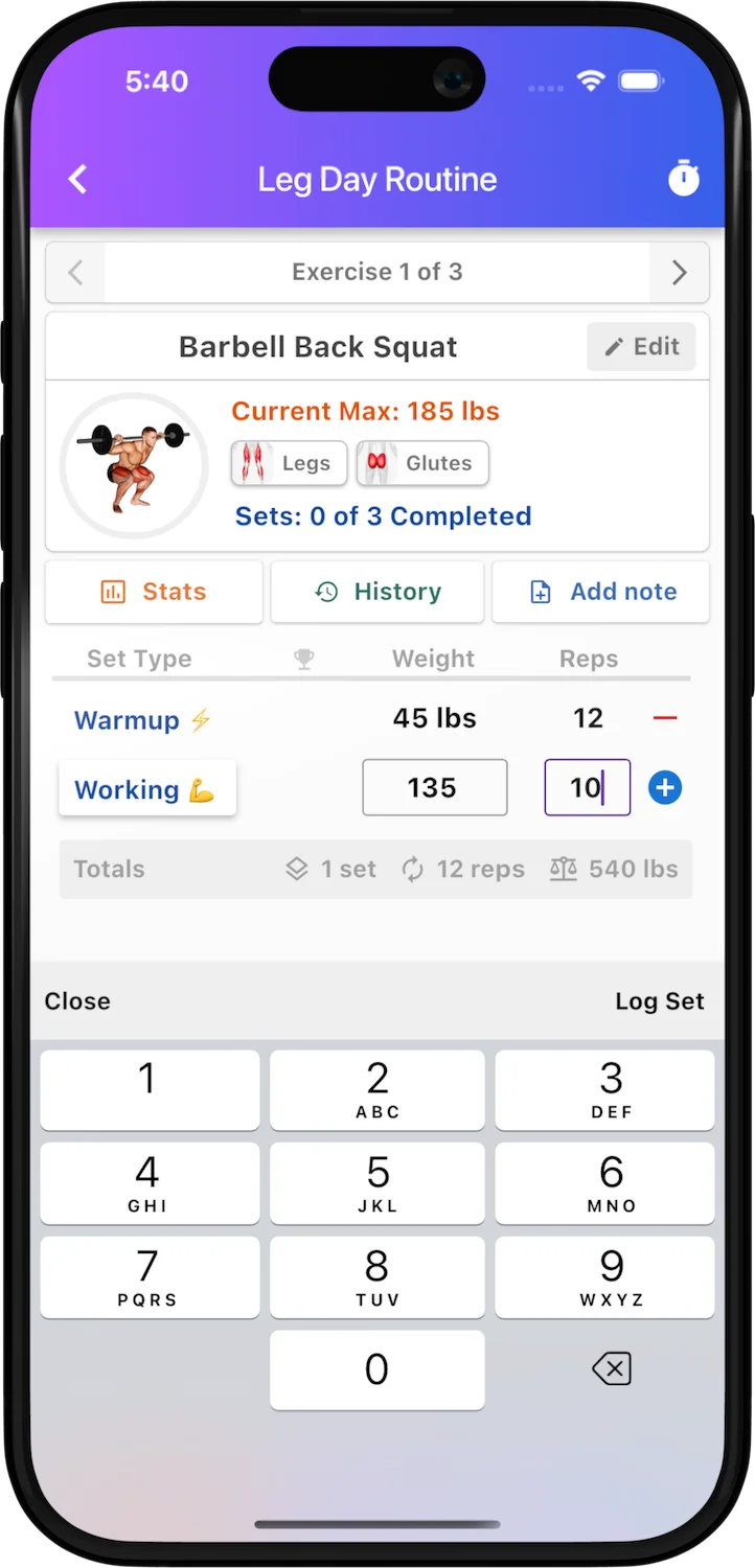 Bench iPhone app logging warmup and working sets
