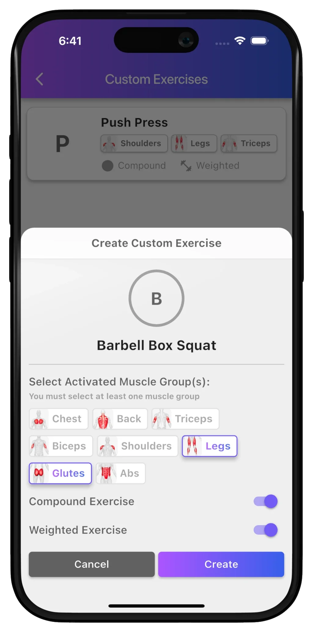 Bench custom exercise form creating a Barbell Box Squat with legs and glutes selected