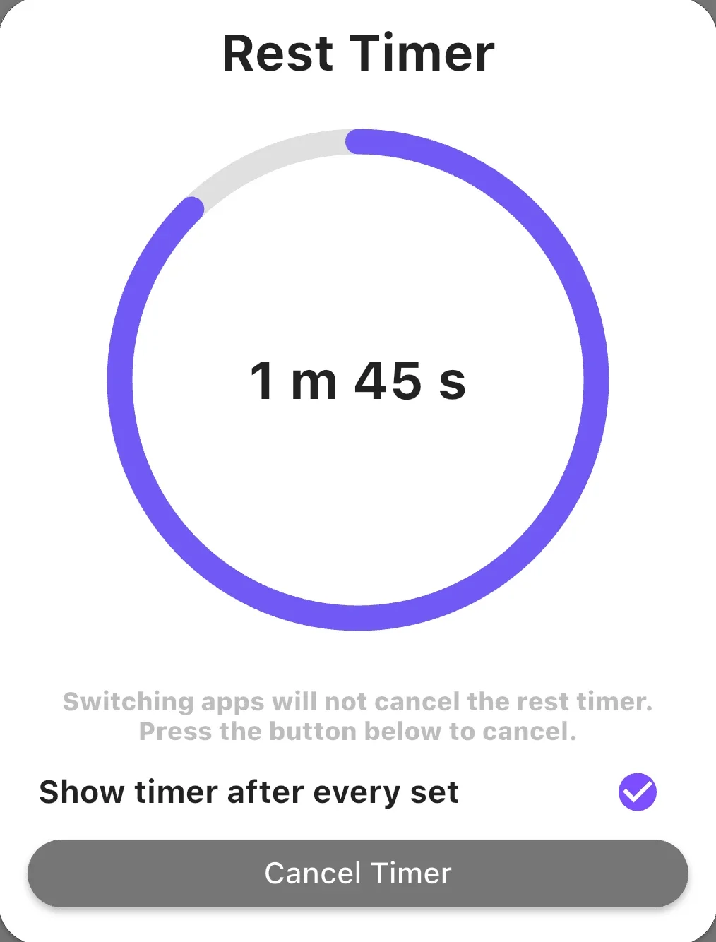 Bench rest timer showing 1 minute 45 seconds and the option to show the timer after every set