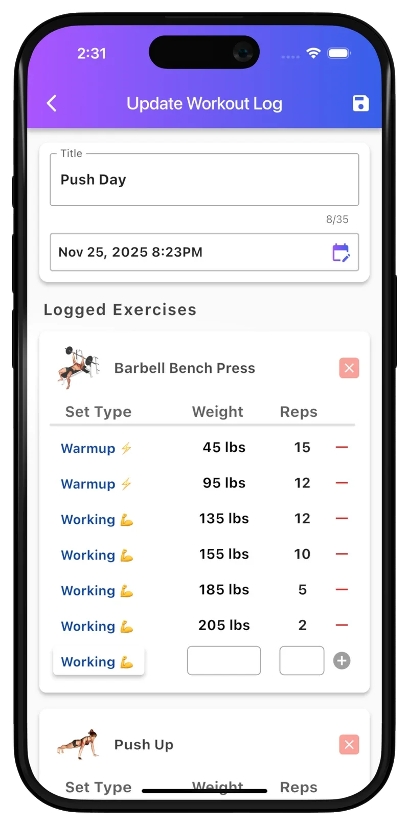 Bench Update Workout Log screen with editable workout date and bench press sets, weights, and reps