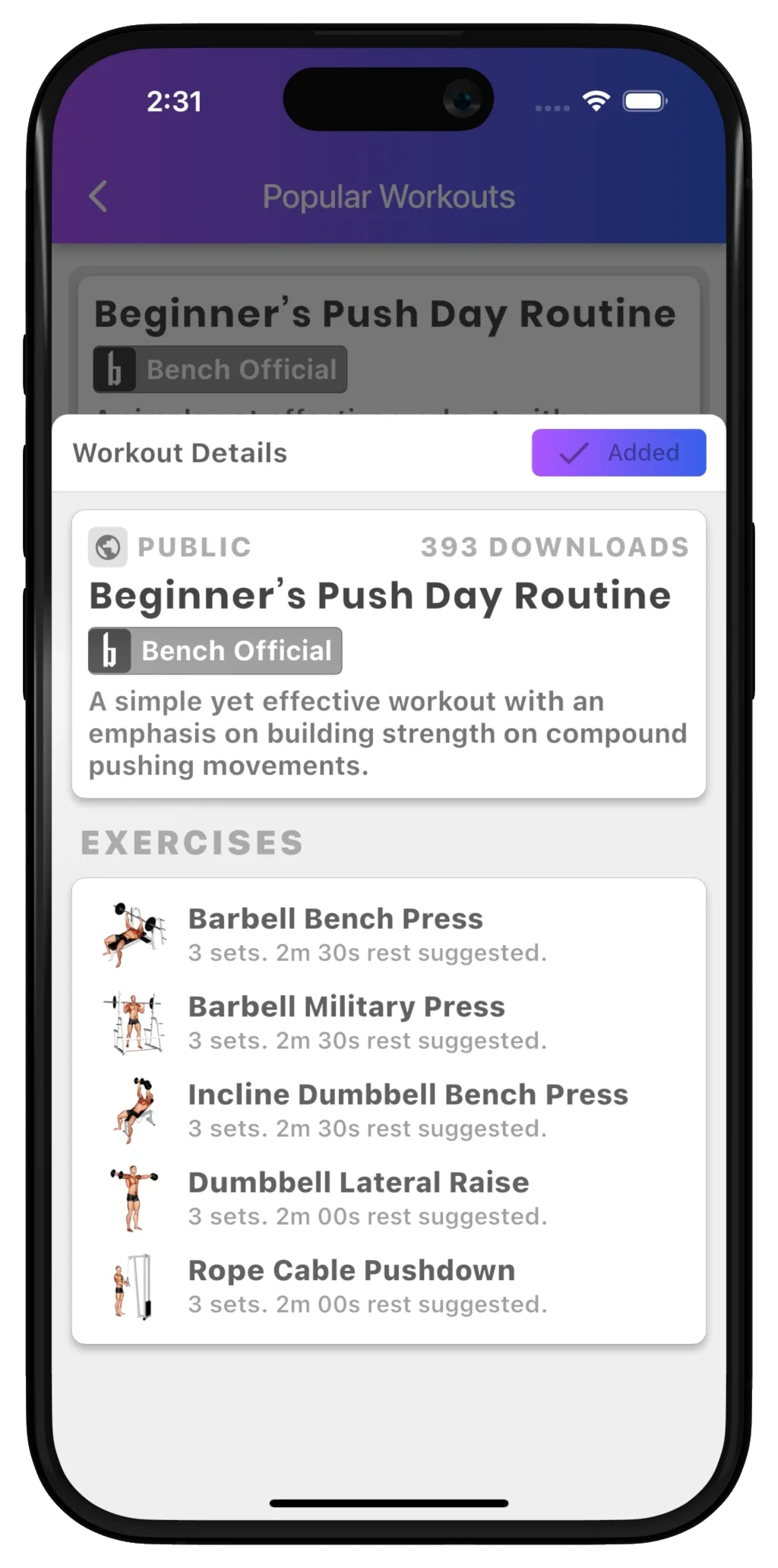 Bench public workout preview with its exercises and sharing option