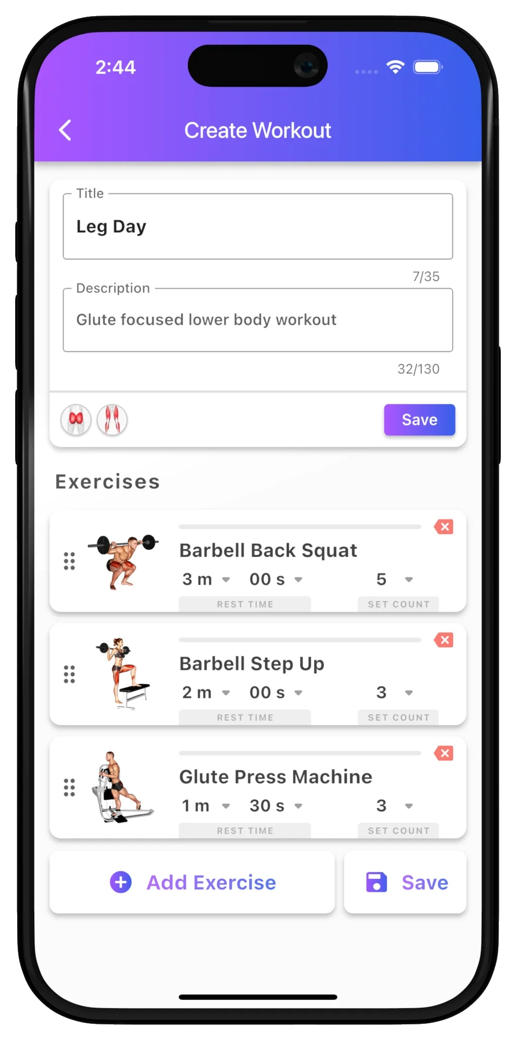Creating a Leg Day workout in Bench with exercises, set counts, and rest times