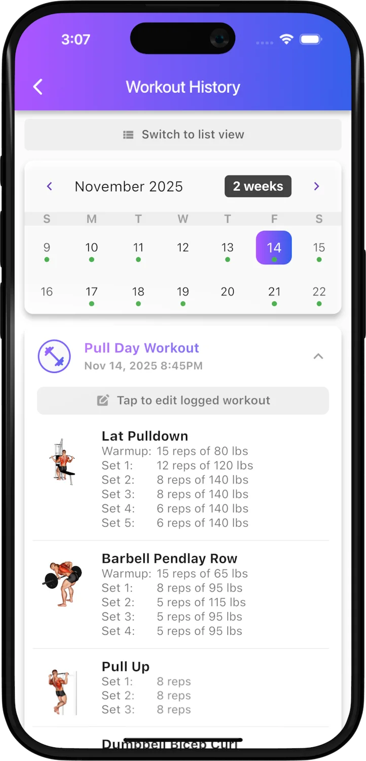 Bench workout history showing a calendar of completed sessions